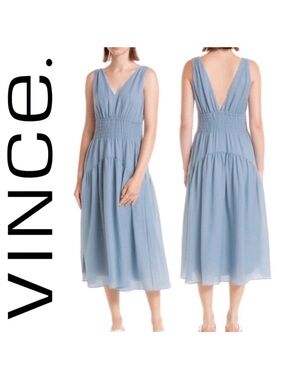 Vince Dusty Blue Smocked Waist V-Neck Midi Dress POCKETS!